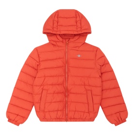Gant children's hooded puffer jacket in Maple Fire, zip fastening, ribbed cuffs, two front pockets, logo badge detail
