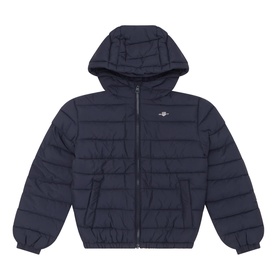 Gant Shield Logo Down Jacket in Evening Blue, children's quilted puffer with fixed hood, front zip, and chest logo detail