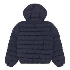 Gant Shield Logo Down Jacket in Evening Blue, children's quilted padded design, fixed hood, elasticated trims, rear view