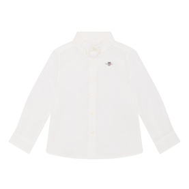 Gant Shield Oxford Shirt in white, long sleeves, button fastening, embroidered shield logo at chest, curved hemline, 100% cotton