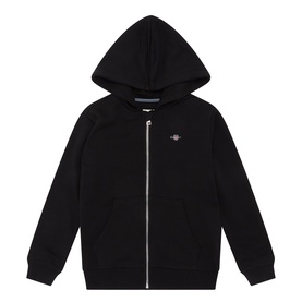 Gant Shield Zip Hoodie in black with fixed hood, full zip fastening, embroidered shield logo, and ribbed trims