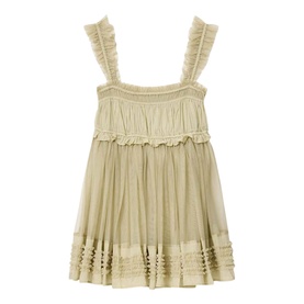 Sage green tulle mini dress with ruffled straps, smocked bodice, tiered skirt and lace trim hem detail