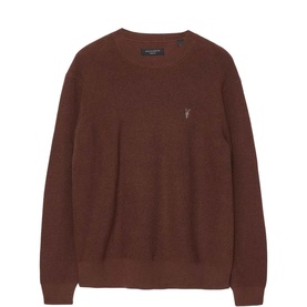 AllSaints rust brown crew neck knit jumper with tonal ram logo embroidery, ribbed cuffs and hem