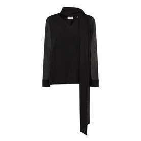 House of Dagmar black wool blouse with sheer long sleeves, tie neck detail, and contrast cuffs, flat lay view
