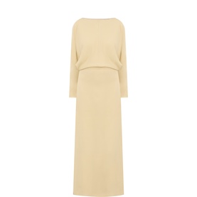 House of Dagmar oat beige maxi dress with bateau neckline, long sleeves, and relaxed draped bodice over a fitted skirt