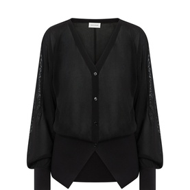 House of Dagmar black sheer V-neck blouse with lace sleeves, button front fastening, and relaxed blouson silhouette