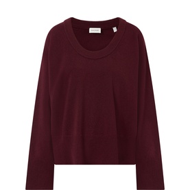 House of Dagmar burgundy red wool crew-neck jumper with long sleeves and relaxed fit, shot flat on white background