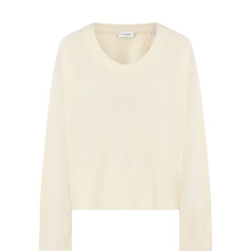 House of Dagmar cream white 100% wool knit top with crew neck and long sleeves, relaxed cropped silhouette