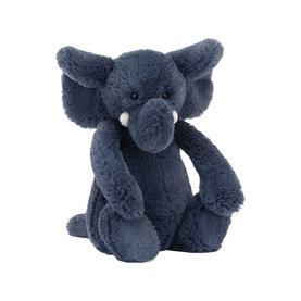 Jellycat dark blue plush elephant soft toy with fluffy textured fur, small white tusks, and long trunk, seated upright