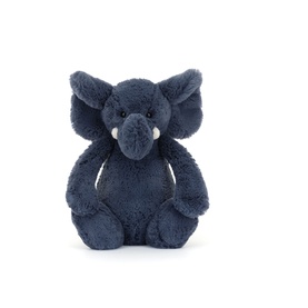 Jellycat dark blue plush elephant soft toy with fluffy ears, white tusks, and seated pose, small size