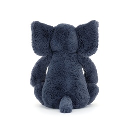 Jellycat dark blue elephant plush soft toy, rear view showing fluffy textured back, small tail, and rounded ears.