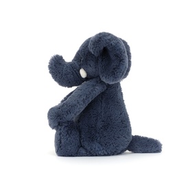 Jellycat dark blue plush elephant soft toy, side view, fluffy textured fur with small white eye detail, medium size