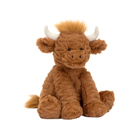 Jellycat light brown highland cow soft toy with cream horns, golden mane, and textured fluffy fur, seated upright