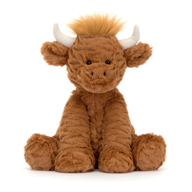Jellycat light brown Highland cow soft toy with white horns, fluffy mane, and sitting pose