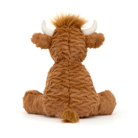 Jellycat light brown Highland cow plush toy, rear view showing textured fur, white horns, and fluffy mane, seated upright
