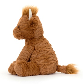 Jellycat light brown plush horse soft toy, seen from behind, with golden mane, white horn detail and textured fur.