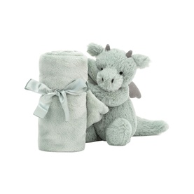 Jellycat Dragon Soother in light green, plush dragon soft toy with matching rolled fleece blanket tied with satin ribbon
