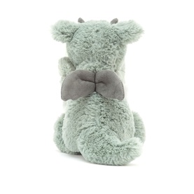 Jellycat light green dragon soother soft toy, rear view showing grey satin bow detail on fluffy plush back