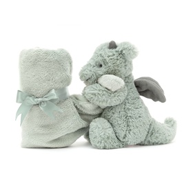 Jellycat light green dragon soother with plush blanket, featuring grey wings and soft sage ribbon trim