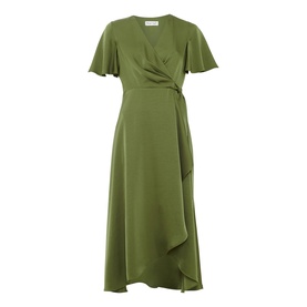 Phase Eight green wrap midi dress with flutter sleeves, V-neckline, tie waist, and asymmetric ruffle hem
