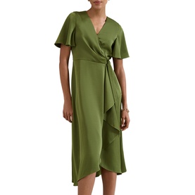 Model wearing Phase Eight green wrap midi dress with flutter sleeves, tie waist, and asymmetric ruffle hem