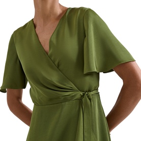 Model wearing Phase Eight green satin wrap dress with flutter sleeves and tie waist, cropped detail view