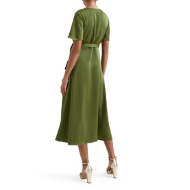 Model wearing Phase Eight green midi dress with flutter sleeves and self-tie waist belt, styled with nude heeled sandals, back view