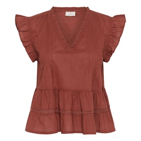 Kaffe henna tiered blouse with V-neckline, ruffle sleeves, and lace trim detailing on a white background