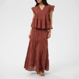 Model wearing Kaffe henna maxi dress with tiered skirt, ruffle flutter sleeves and V-neckline