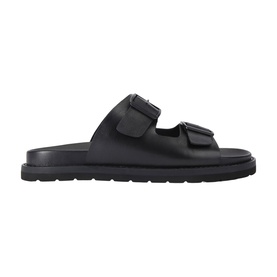 KG by Kurt Geiger black leather double strap slide sandals with buckle detail and chunky black sole