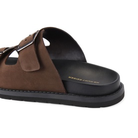 KG by Kurt Geiger brown nubuck double-buckle strap sandal, black chunky sole, heel view