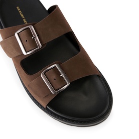 KG by Kurt Geiger brown nubuck double-buckle sandals with black sole, silver-tone hardware, overhead close-up view
