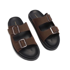KG by Kurt Geiger brown suede double-buckle strap slides with black sole, overhead flat lay view