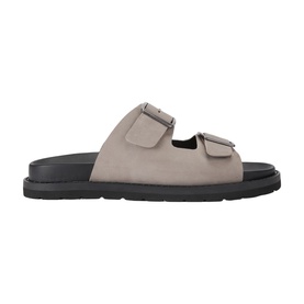 KG by Kurt Geiger white nubuck double-buckle strap sandal with black chunky sole, side view