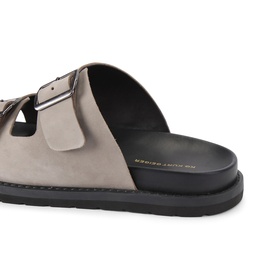 KG by Kurt Geiger men's white suede double-buckle slide sandals with black chunky sole, angled rear view
