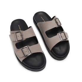 KG by Kurt Geiger white suede double-buckle strap slides with black chunky sole, flat overhead shot