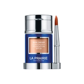 La Prairie Skin Caviar Concealer Foundation SPF 30 in Soft Pearl, blue and silver jar with concealer brush applicator