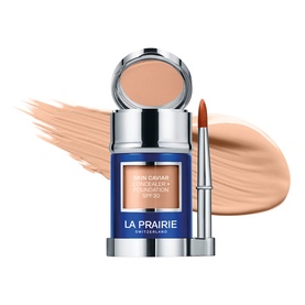 La Prairie Skin Caviar Concealer Foundation SPF 30 in Soft Pearl, shown with concealer brush applicator and cream compact, with shade swatch