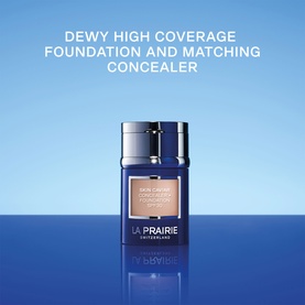 La Prairie Skin Caviar Concealer Foundation SPF 30 in Soft Pearl, dark blue glass bottle with gold cap, shown with matching concealer text overlay