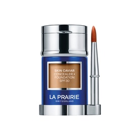 La Prairie Skin Caviar Concealer Foundation SPF 30 in Soft Pearl, blue and silver jar with precision concealer brush applicator