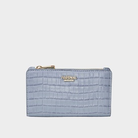 Aspinal of London sky blue croc-embossed leather slim zip wallet with gold-tone hardware and logo plaque