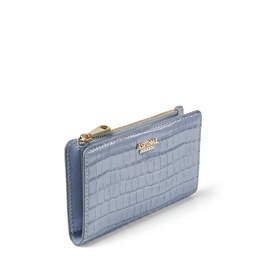 Aspinal of London sky blue croc-embossed leather card holder with zip top and gold-tone logo hardware.