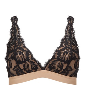 Mey Golden Hazel and Black lace bralette with floral pattern overlay, nude underband, and scalloped straps.