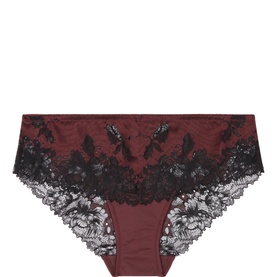 Mey burgundy brief with black floral lace trim across waistband and sides, smooth satin-effect front panel