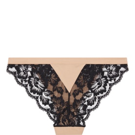 Mey brief in Golden Hazel and black with floral lace V-front panel and scalloped lace trim edges.