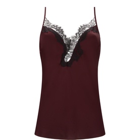 Mey burgundy viscose cami top with deep V-neckline and silver lace trim detail at chest and straps