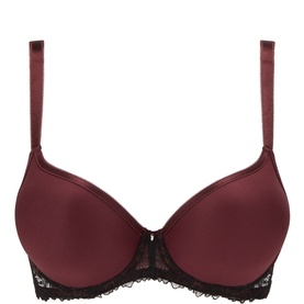 Mey Full Cup Bra in burgundy with black lace trim along the underwire and smooth moulded cups with adjustable straps.