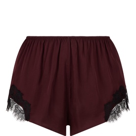 Mey burgundy satin shorts with black scalloped lace trim to sides and elasticated waist