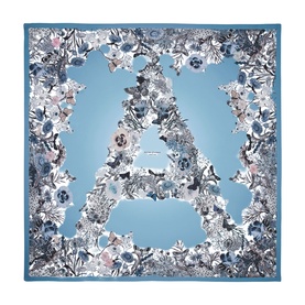 Aspinal of London sky blue silk scarf with floral letter A monogram print and contrast border