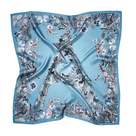 Aspinal of London sky blue silk square scarf with floral and botanical print, pink and grey tonal details, narrow border edge